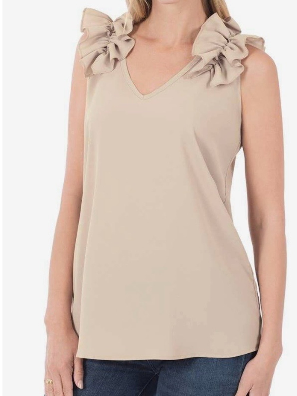 Zenana Outfitters Beige Ruffle Shoulder V-Neck Sleeveless Top